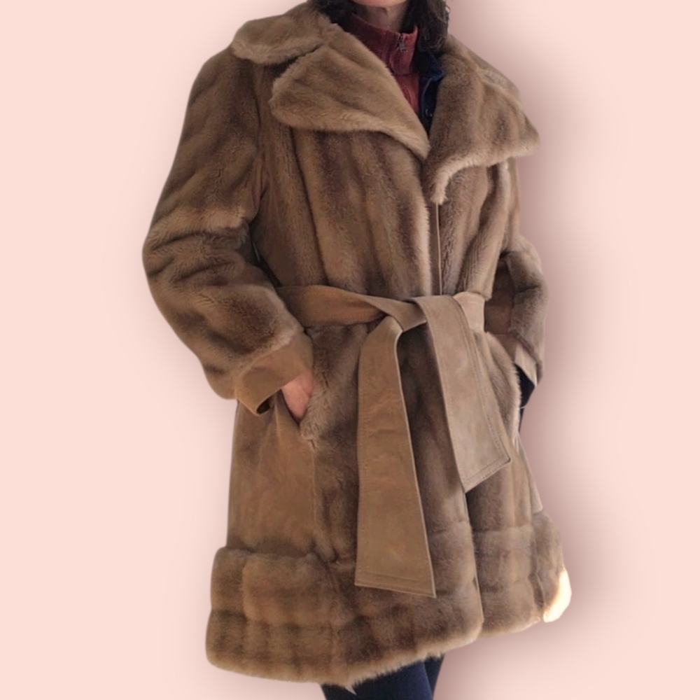 Vintage 1960s‎ Faux Fur Suede Belted Coat Jacket